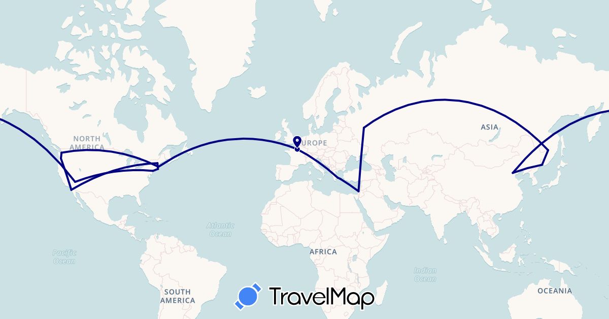 TravelMap itinerary: driving in China, France, Greece, Israel, Russia, United States (Asia, Europe, North America)